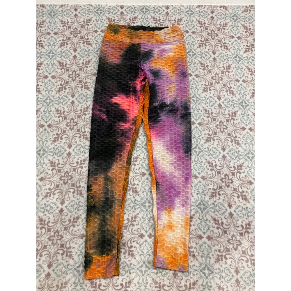 Tie Dye Honeycomb Textured Scrunch Butt Leggings Purple Orange L/XL